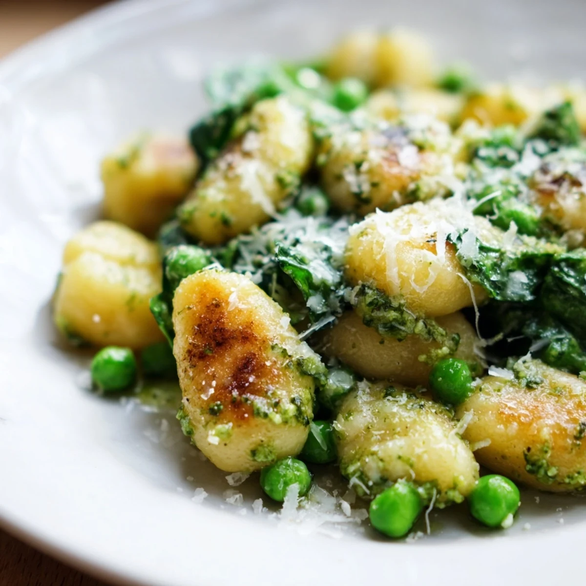 A close-up of crispy Pesto Pea Gnocchi Skillet with melted Parmesan and fresh basil garnish.  