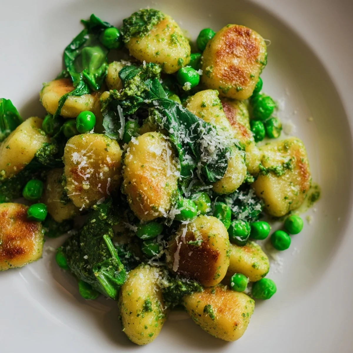 A vibrant weeknight dinner plate featuring Pesto Pea Gnocchi Skillet with lemon zest and extra pesto.