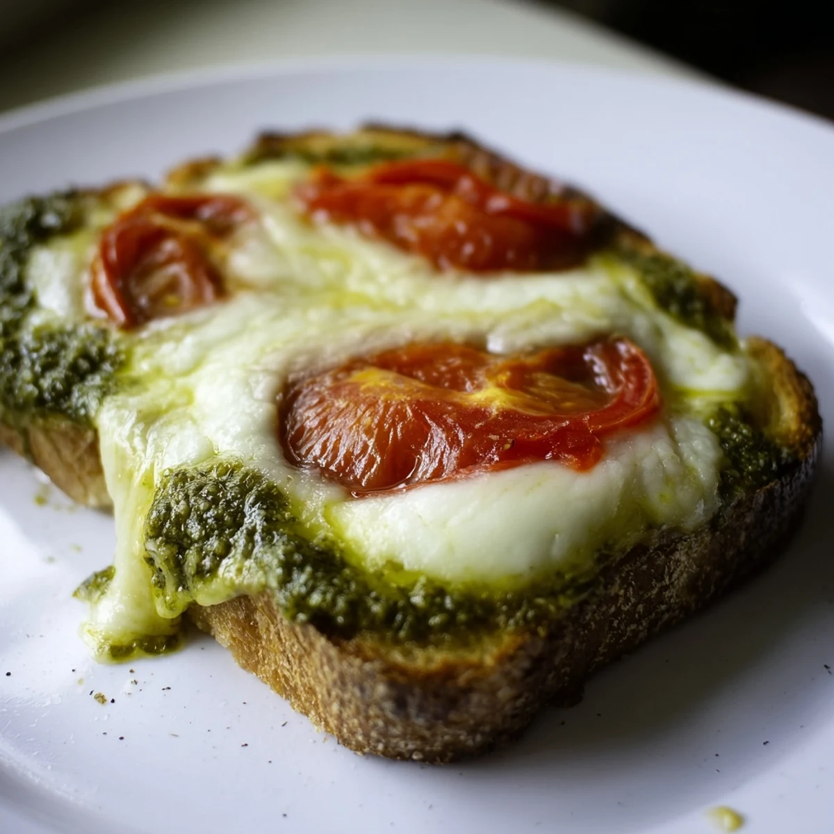 Golden, crispy sourdough grilled cheese sandwich filled with melted mozzarella and juicy tomato slices, drizzled with basil pesto.  