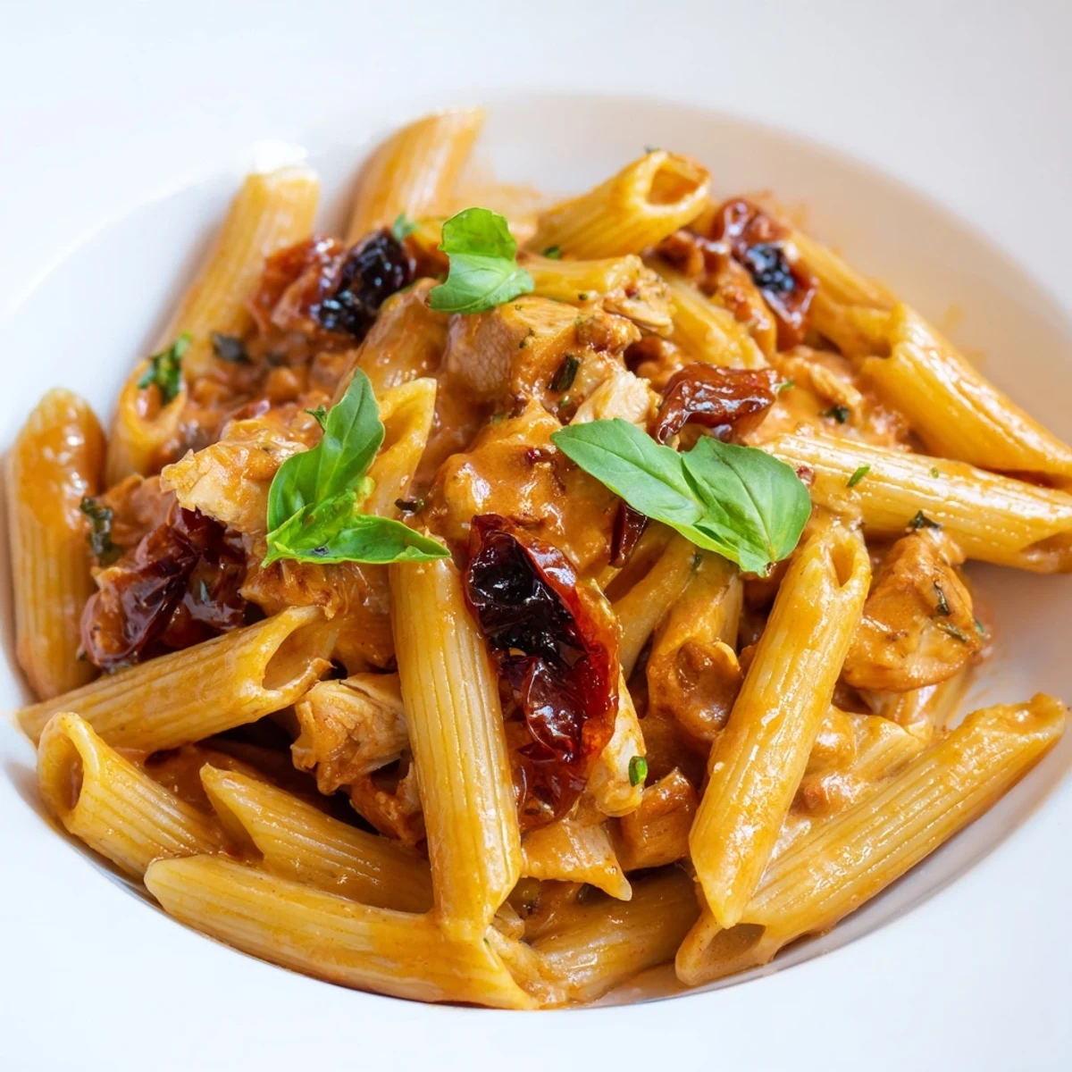 Creamy Sun-Dried Tomato Chicken Pasta with tender penne, juicy chicken strips, and a rich garlic cream sauce in a skillet.  