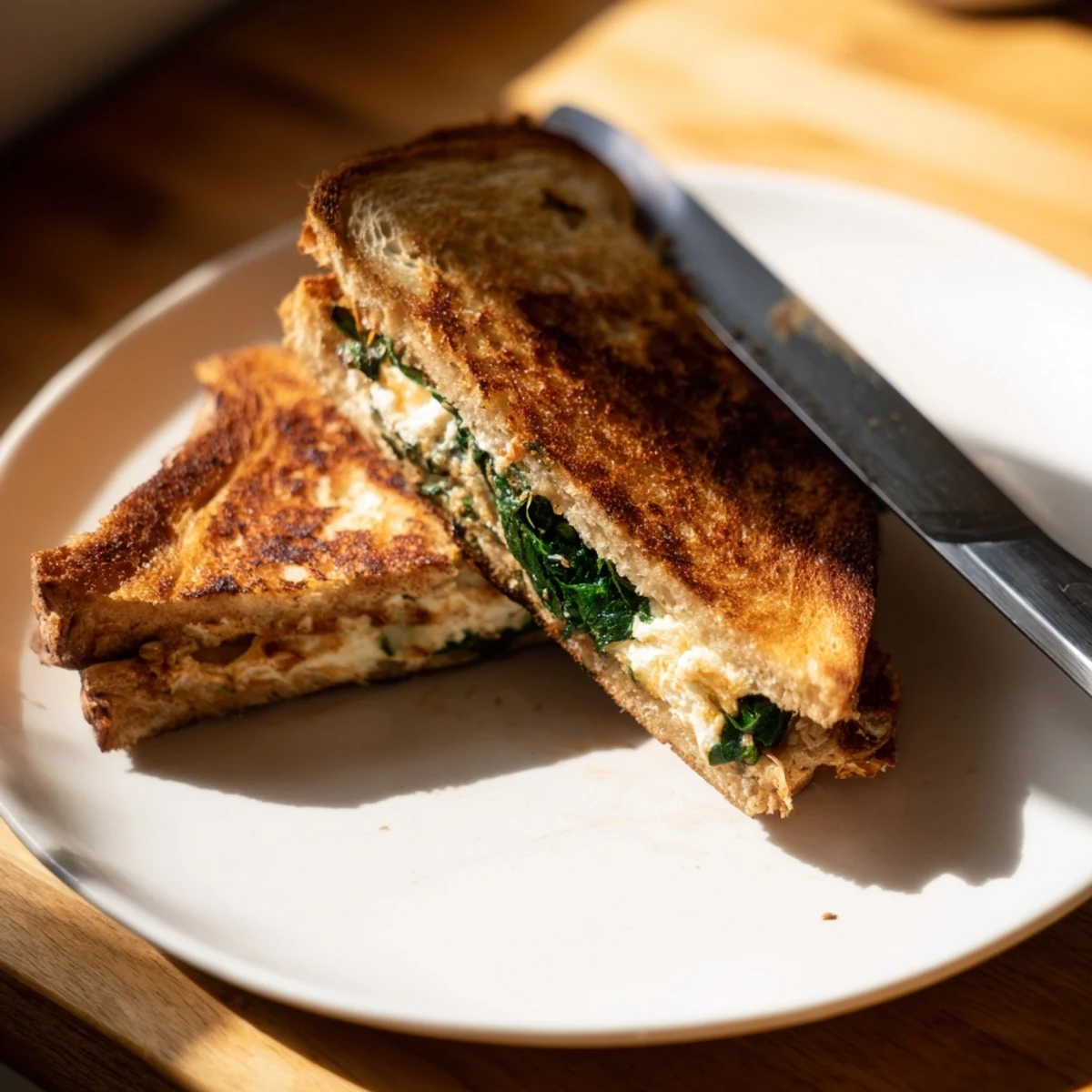 Golden-brown slices of Feta & Spinach Stuffed Grilled Cheese, oozing with melty cheese and garlicky greens.  