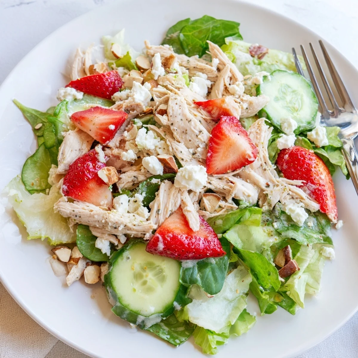 Fresh strawberries and tender chicken tossed in creamy poppy seed dressing over crisp greens in this Strawberry Poppy Seed Chicken Salad.  