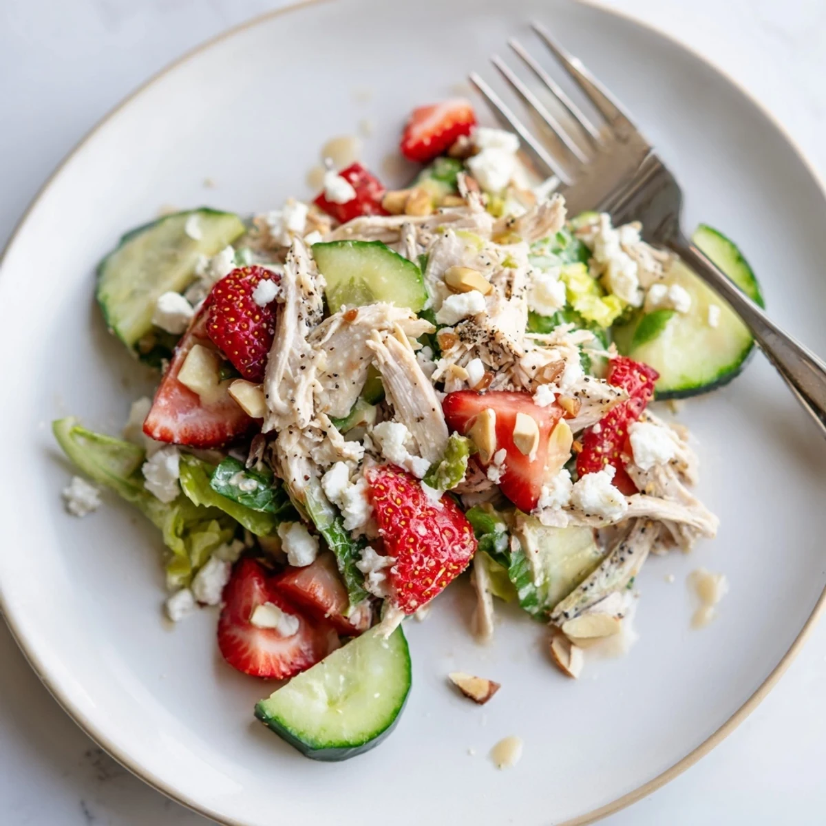 A close-up view of shredded chicken, sliced cucumbers, and feta cheese on salad greens with poppy seed dressing.  