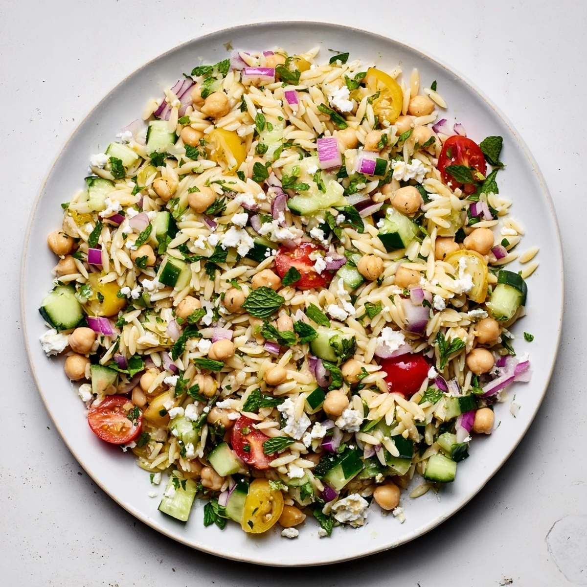 A close-up of Lemony Chickpea Orzo Salad in a white bowl, showcasing orzo, chickpeas, cucumber, and fresh herbs with a bright lemon vinaigrette.