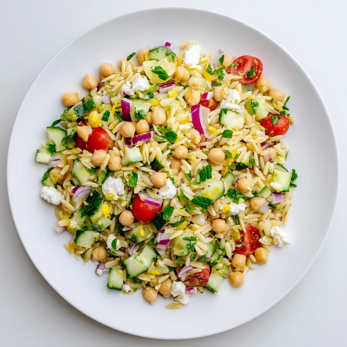 A serving of Lemony Chickpea Orzo Salad, garnished with crumbled feta and fresh parsley, perfect for a picnic or light lunch.
