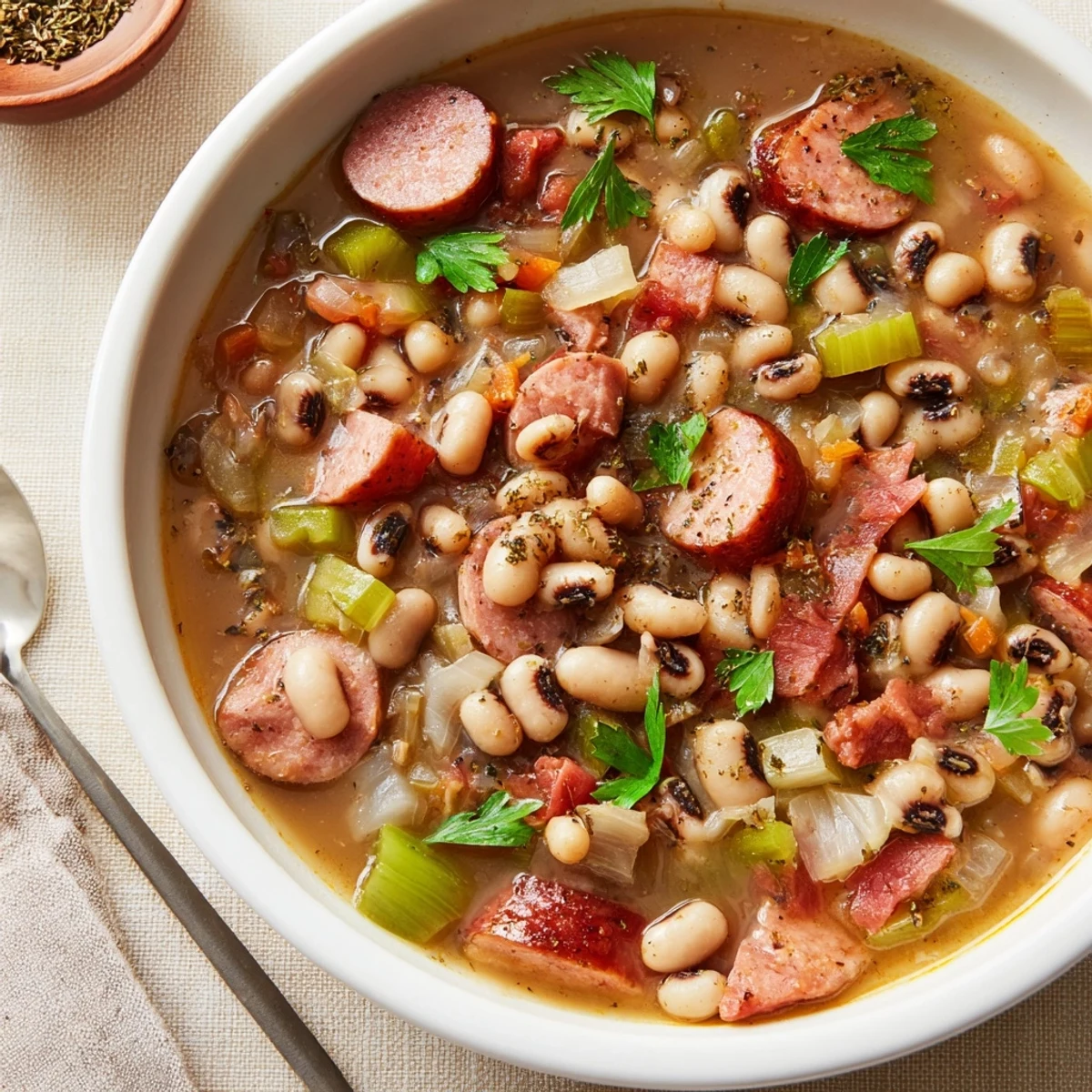 A close-up of steaming Southern-Style Black-Eyed Peas served in a rustic ceramic bowl, garnished with fresh parsley.