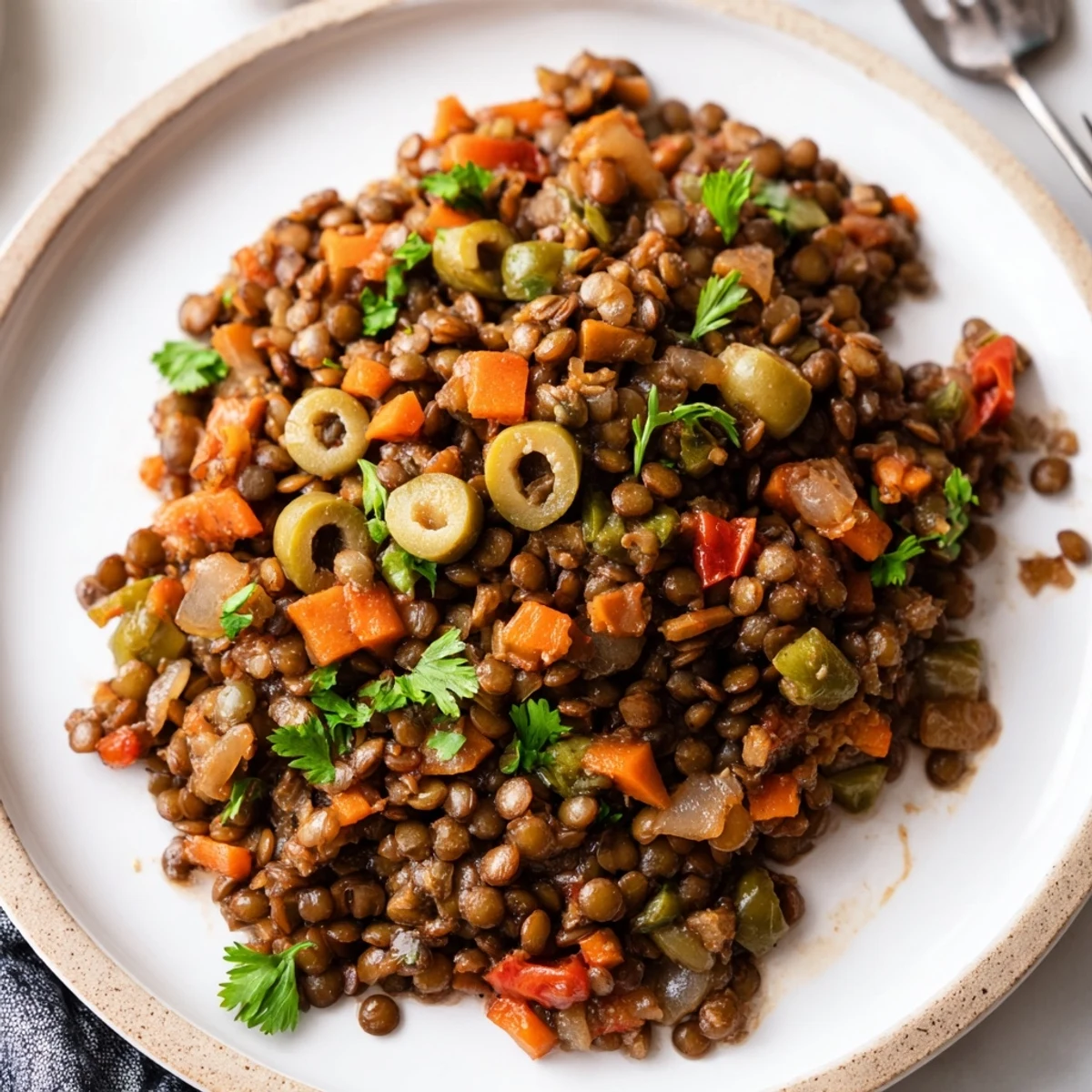 A vibrant bowl of Cuban-inspired lentil picadillo with green olives and raisins, served alongside fluffy white rice for a hearty plant-based meal.