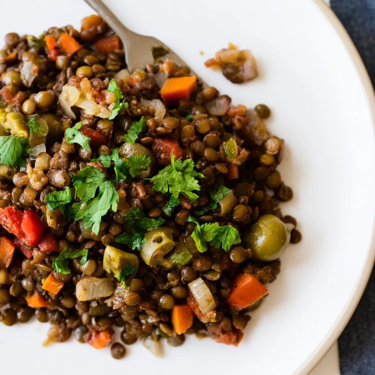 Steam rises from a skillet of Cuban-inspired lentil picadillo, revealing briny olives, sweet raisins, and tender lentils for a savory-sweet main dish.