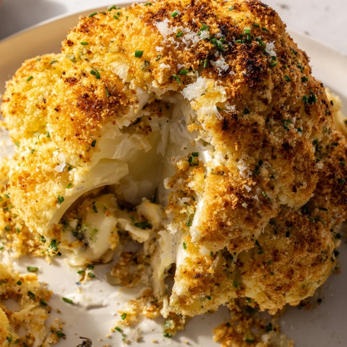 A whole roasted Cheesy Stuffed Cauliflower Head, golden brown and bubbling, served as a stunning vegetarian main dish on a rustic plate.