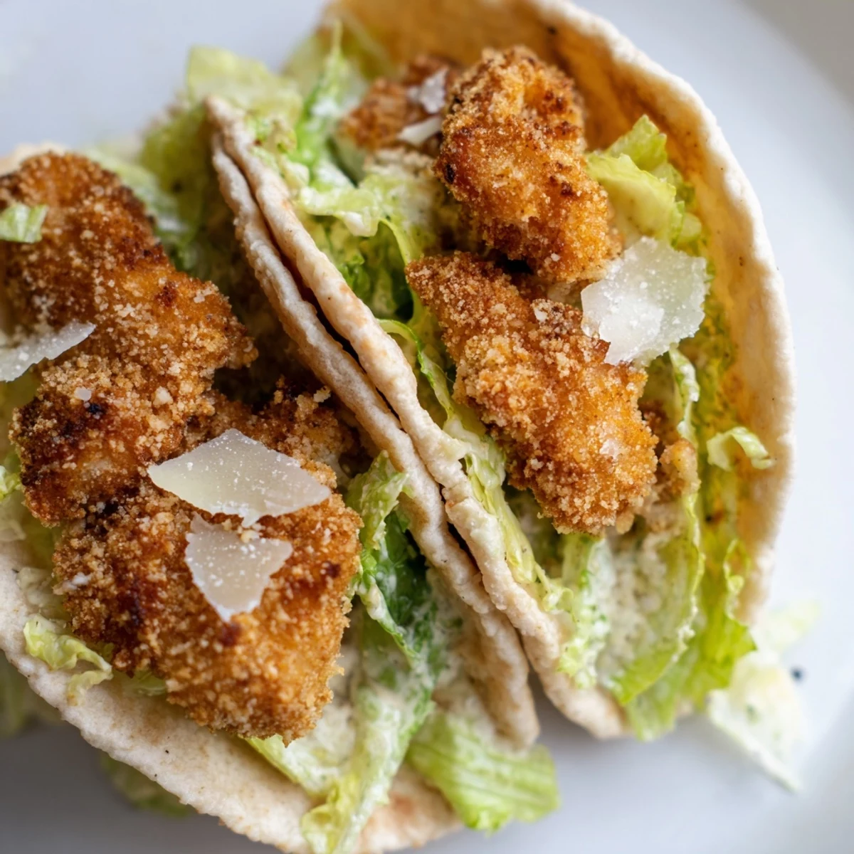 Golden-brown, air-fried crispy chicken strips nestled in a warm, soft pita pocket filled with fresh romaine and Caesar dressing.