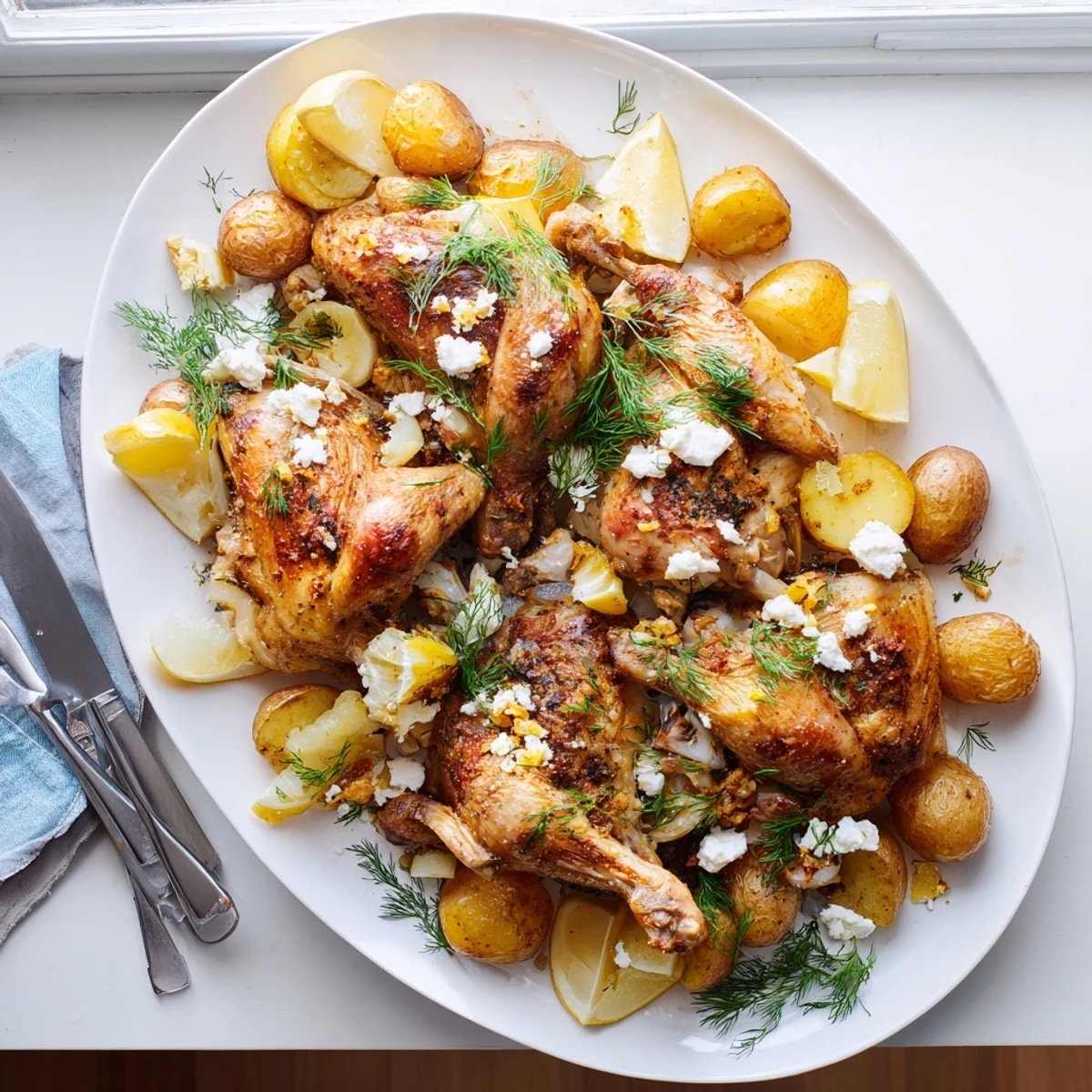 Golden-brown roasted chicken with crispy, buttery pot potatoes, topped with crumbled feta and fresh herbs on a rustic platter.  
