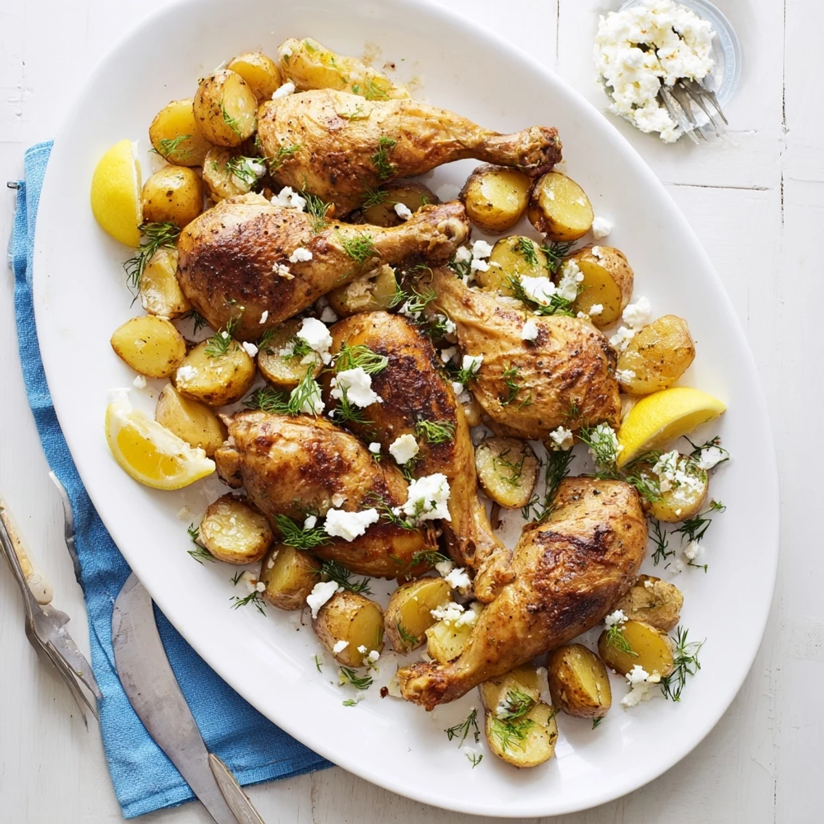 Family-style serving of juicy roasted chicken and golden potatoes with feta and lemon wedges on a warm table.