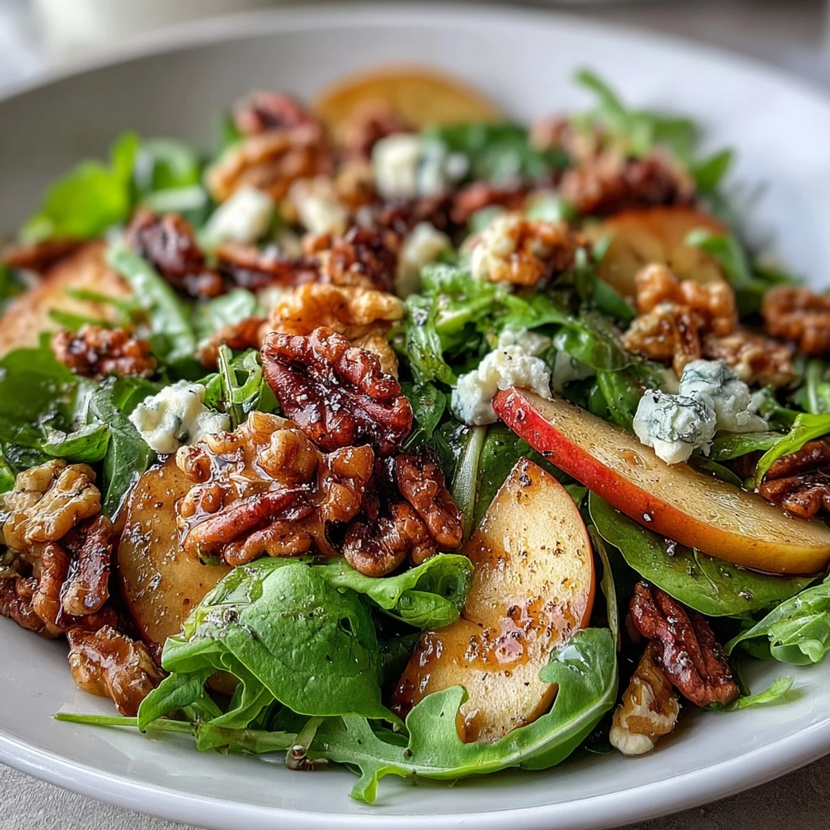 Crisp Honeycrisp apples, crunchy walnuts, and salad greens drizzled with apple cider vinaigrette, creating a vibrant and refreshing Apple and Walnut Salad.