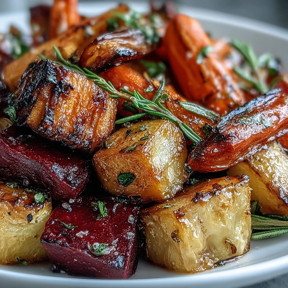 Roasted Root Vegetable Medley steaming on a rustic platter, glistening with olive oil and fresh herbs.