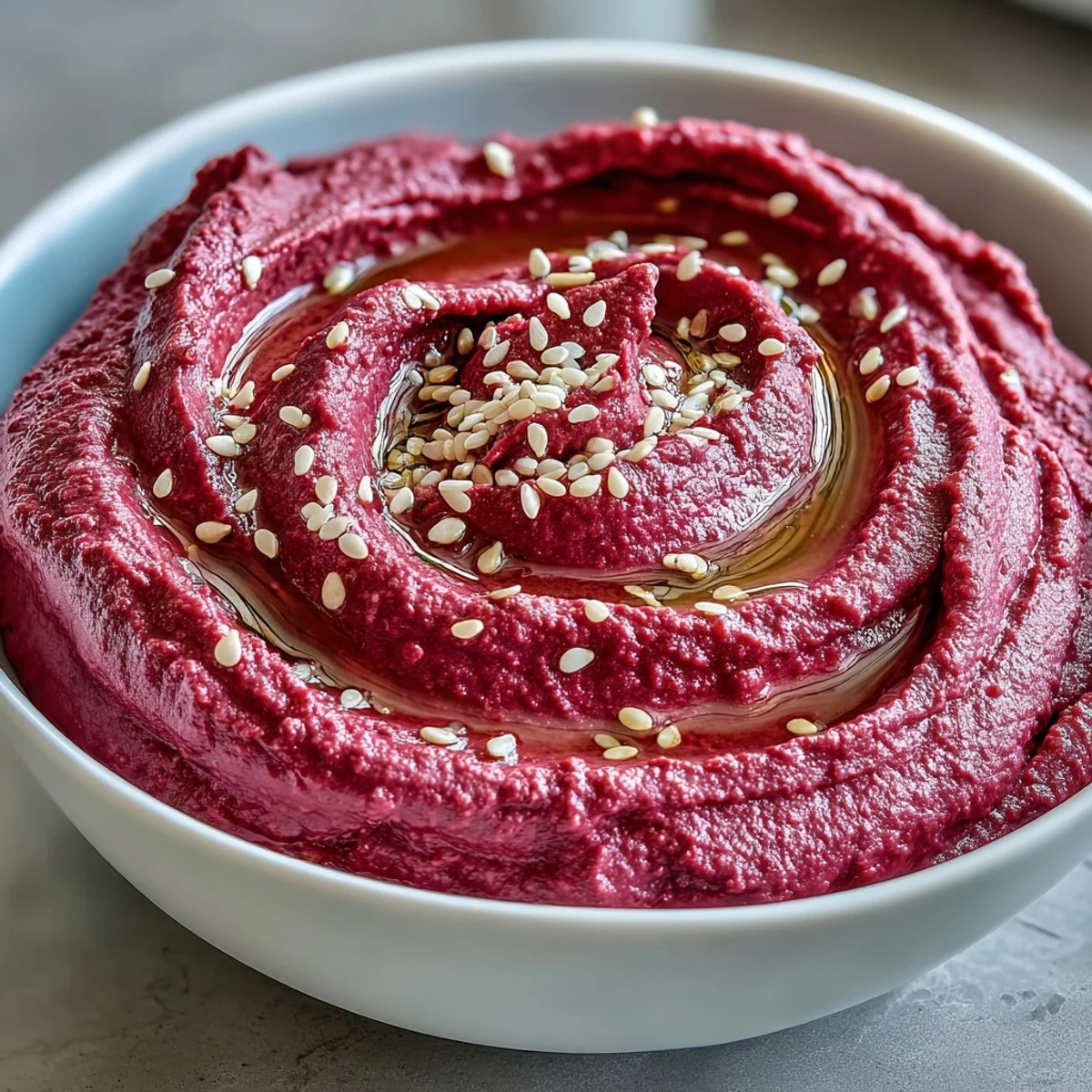 Vibrant pink roasted beet hummus with chickpeas and tahini, served alongside fresh vegetables and crackers on a rustic wooden table.