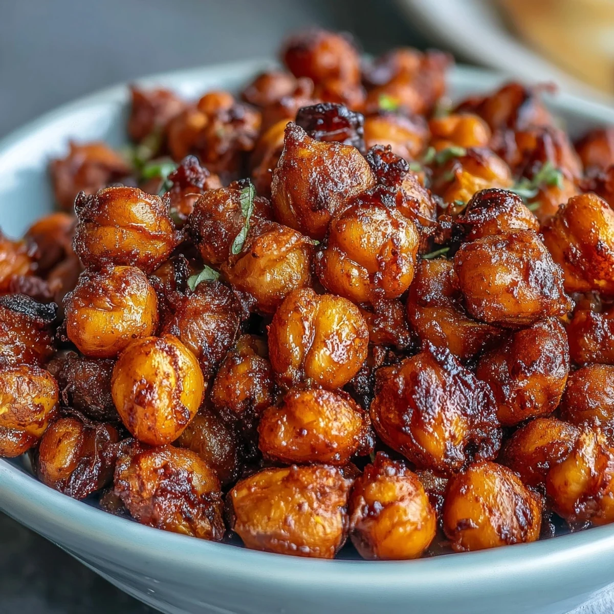 A close-up of crunchy chickpea snack for healthy munching, served in a rustic bowl.