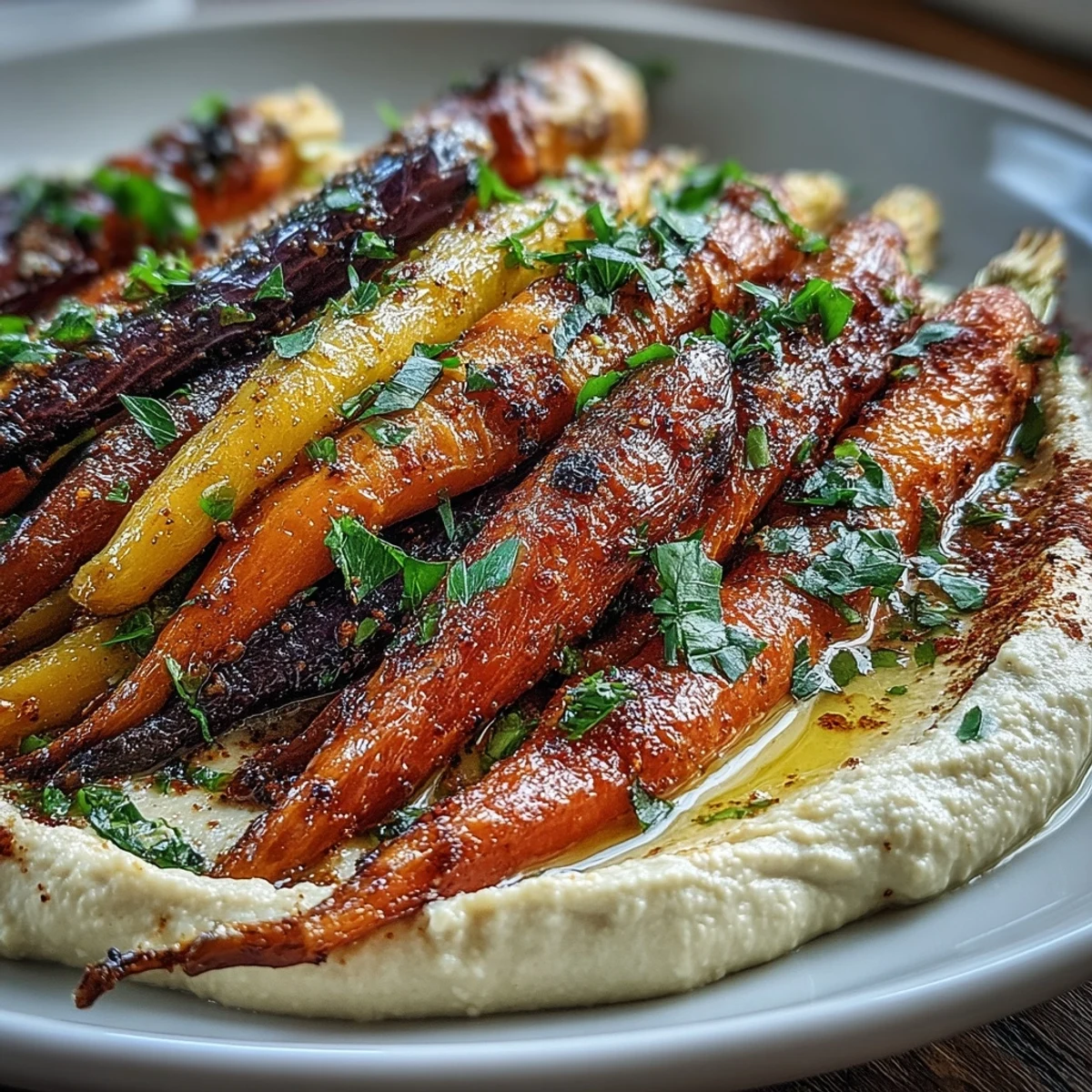 Vibrant roasted rainbow carrots on a platter next to creamy hummus garnished with paprika and parsley, ready to serve.  