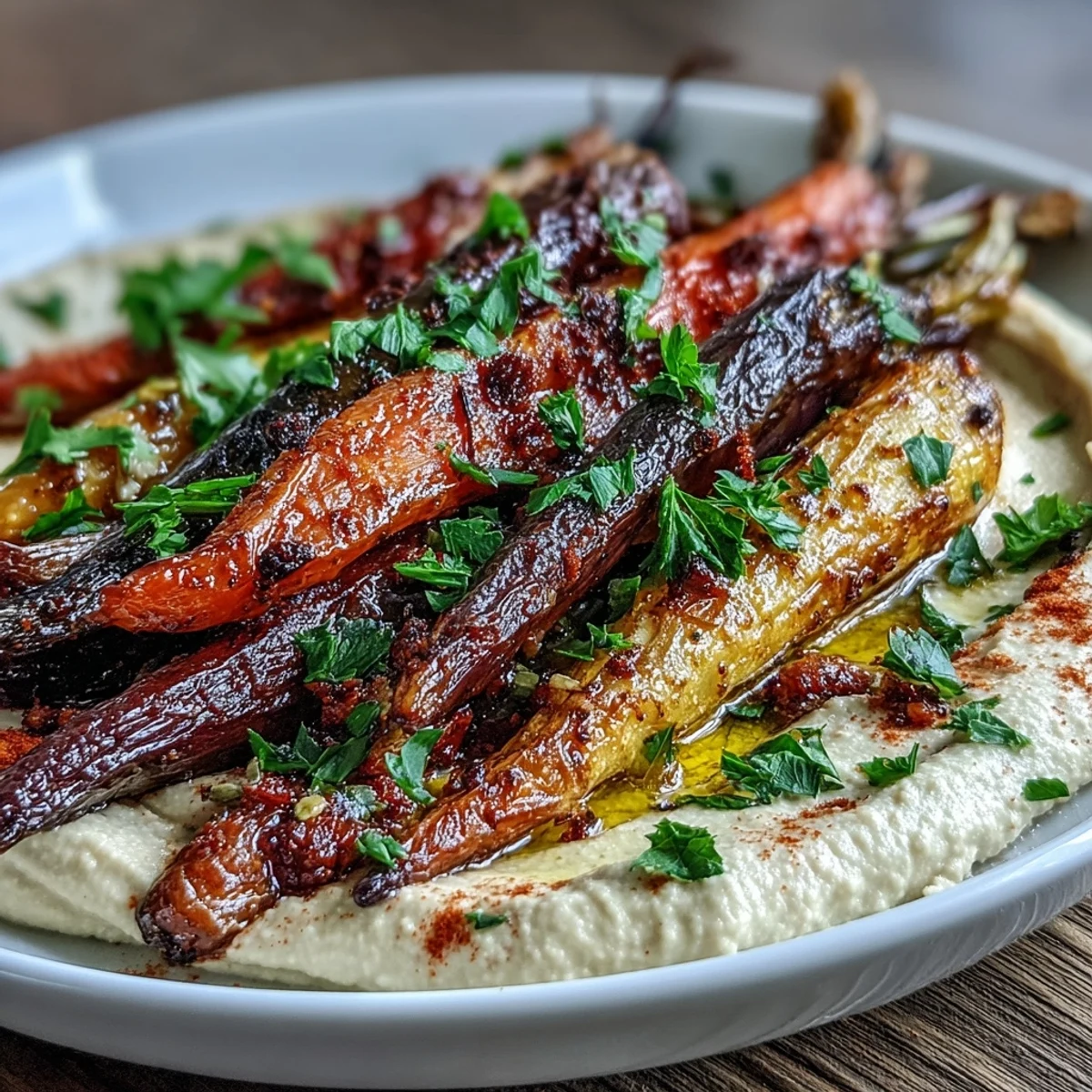 Rainbow carrots roasted with cumin and parsley served with tahini-rich hummus for a healthy, gluten-free snack.
