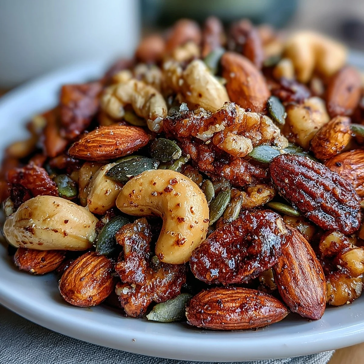 Spoon lifting a portion of Spiced Nuts and Seeds Mix over a fresh green salad, highlighting the toasted pumpkin seeds and walnuts as a healthy gluten-free topping.