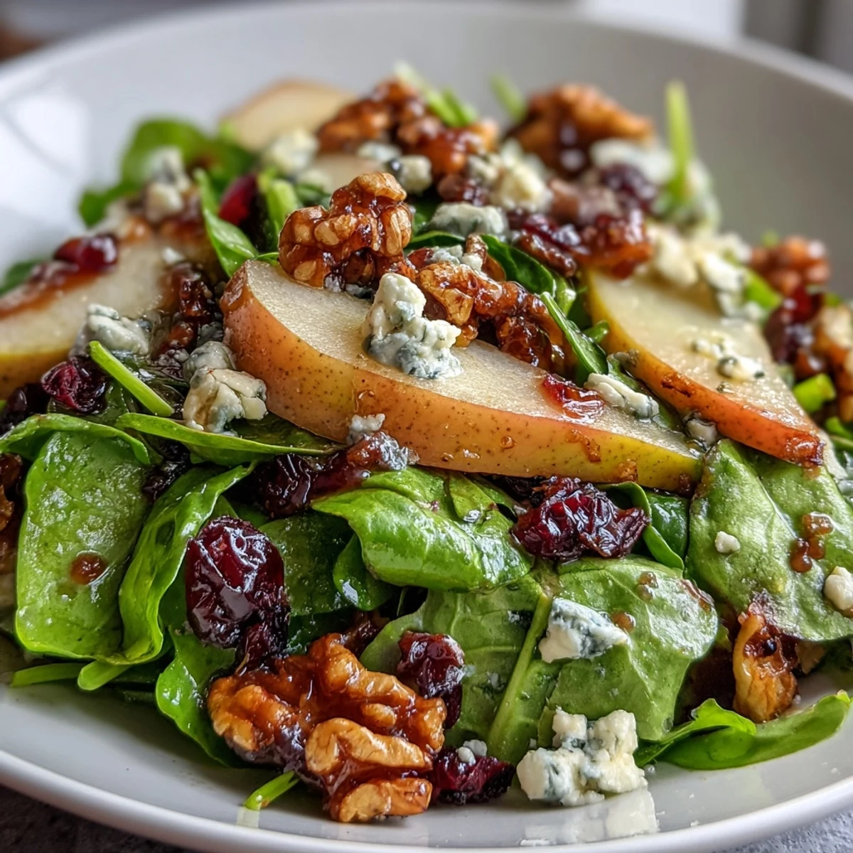 An appetizing serving suggestion of Pear Gorgonzola Salad garnished with dried cranberries and walnuts, ready to enjoy as a light gluten-free lunch or starter.