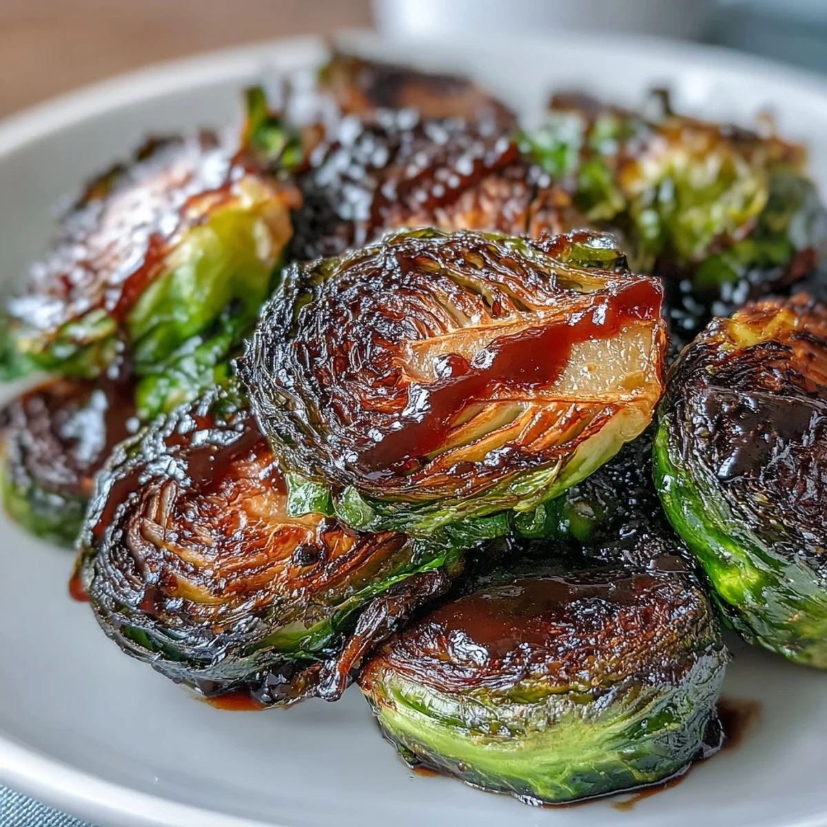 Golden brown Roasted Brussels Sprouts with Balsamic glistening on a white serving platter, drizzled with sweet and tangy glaze.