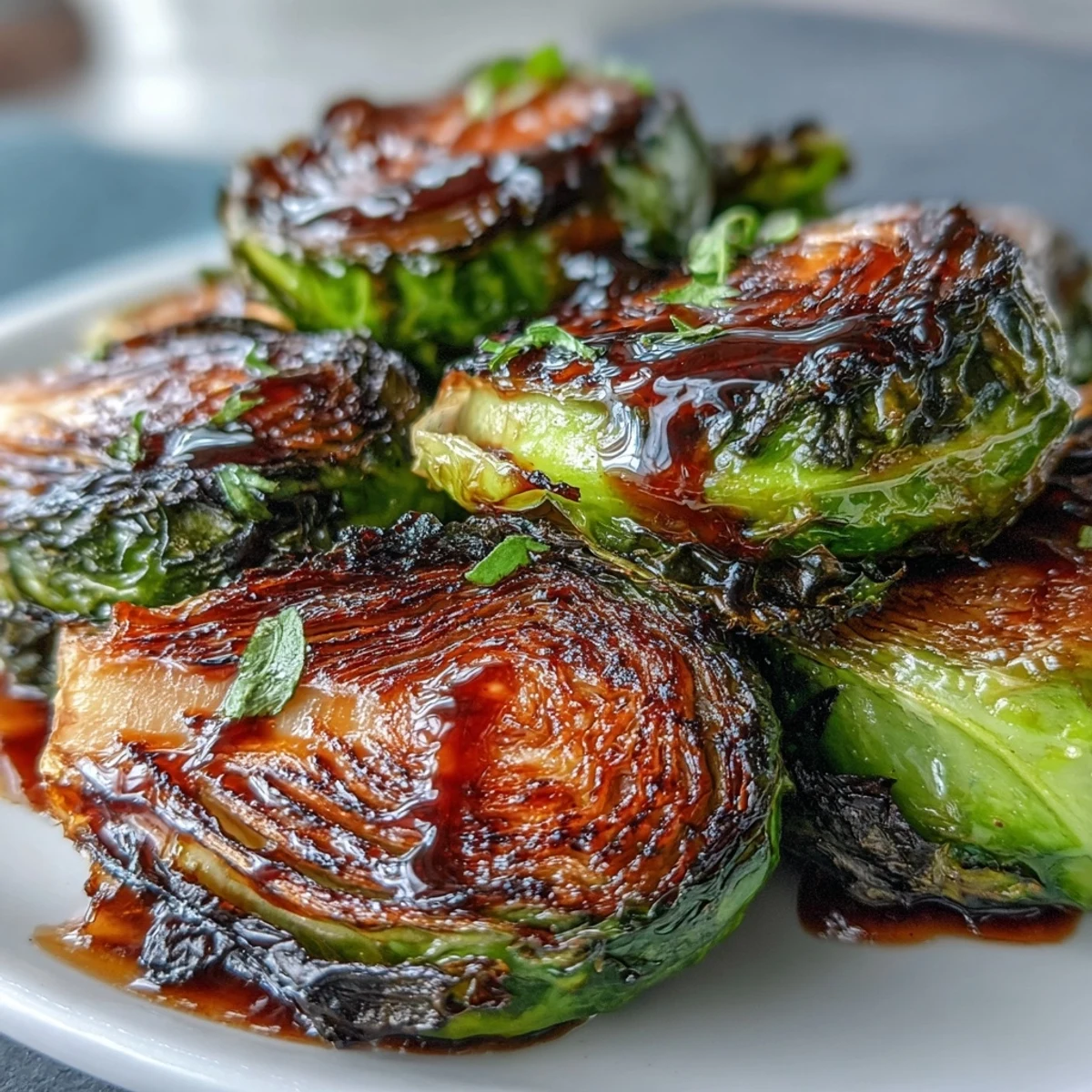 Crispy oven-roasted Brussels Sprouts with Balsamic served warm as a Thanksgiving side dish with fork nearby.
