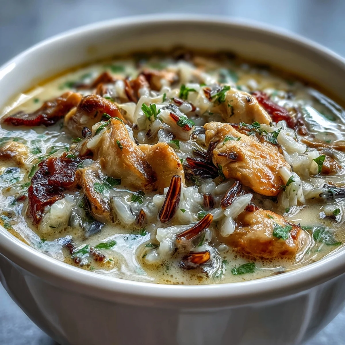 Golden Parmesan Mushroom Chicken and Wild Rice Soup, rich with tender chicken and mushrooms.