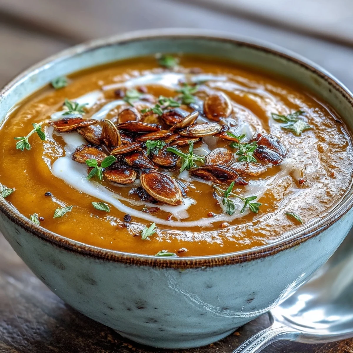 Comforting bowl of Easy Roasted Butternut Squash Soup, rich with warm spices.