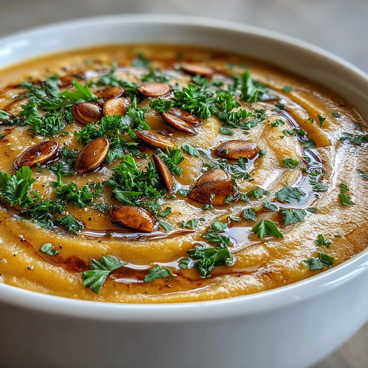 Savory roasted broccoli butternut squash soup, garnished with toasted seeds and parsley.