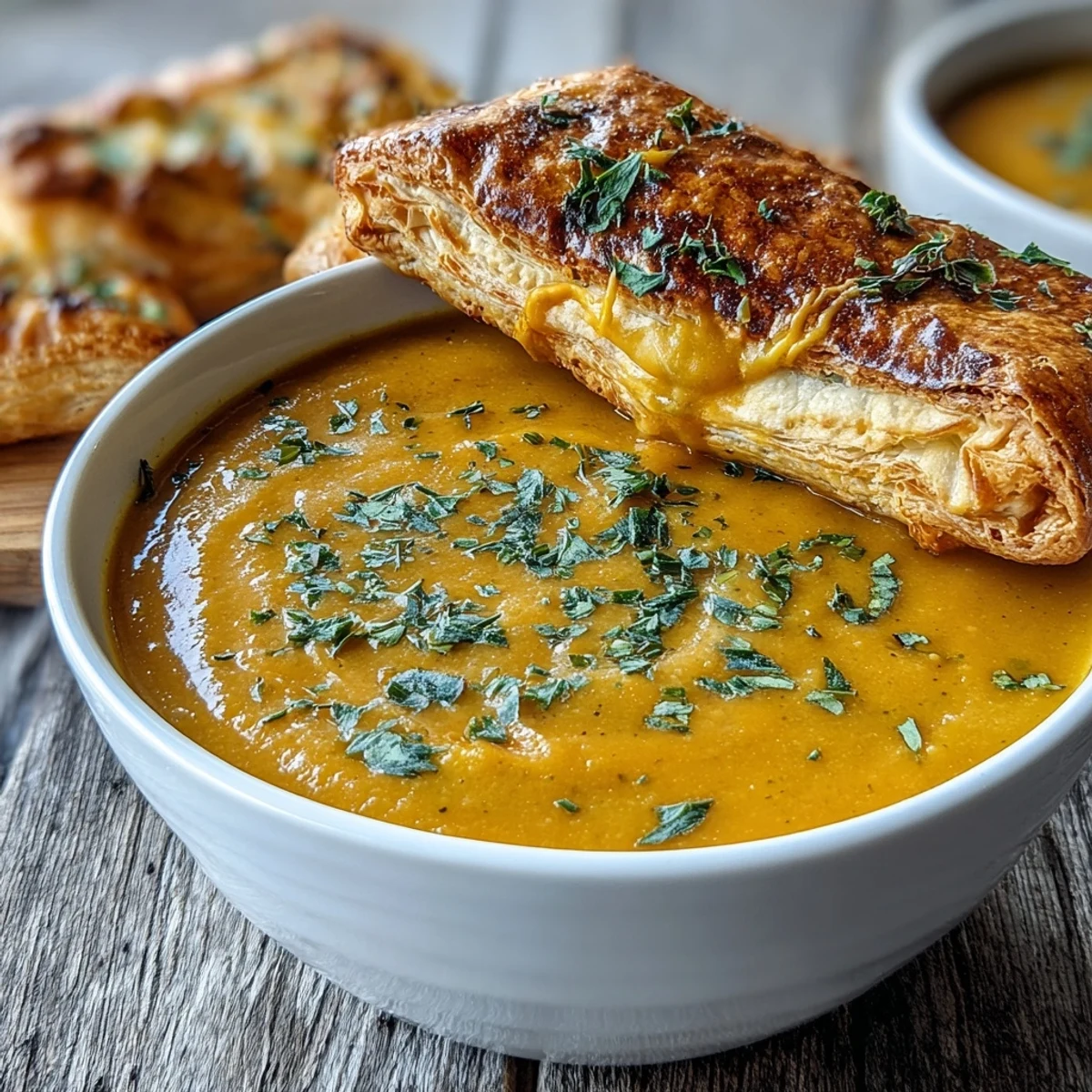 Velvety broccoli butternut squash soup with golden brie cheddar pastries.