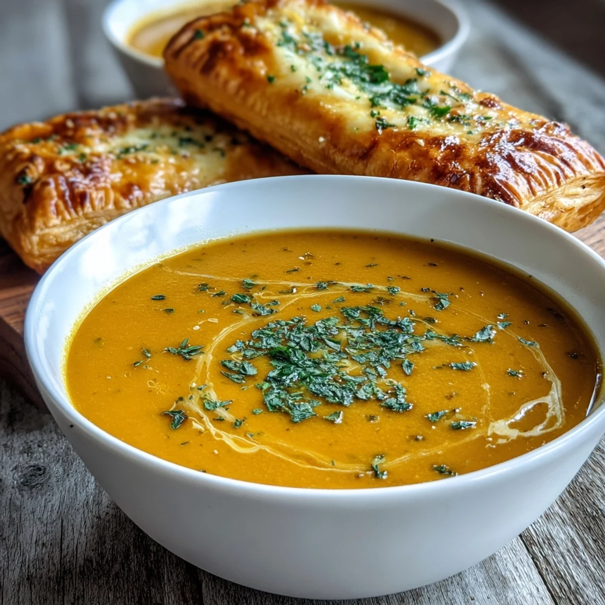 Rich broccoli butternut squash soup, topped with savory baked cheese pastries.