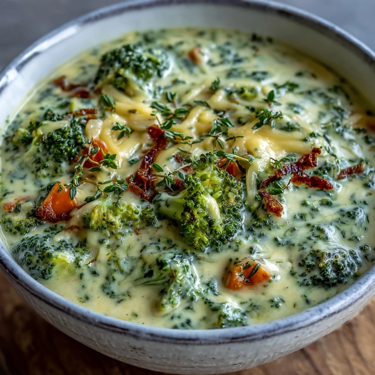 Hearty Roasted Broccoli Cheddar Soup, topped with tender roasted florets and cheese.