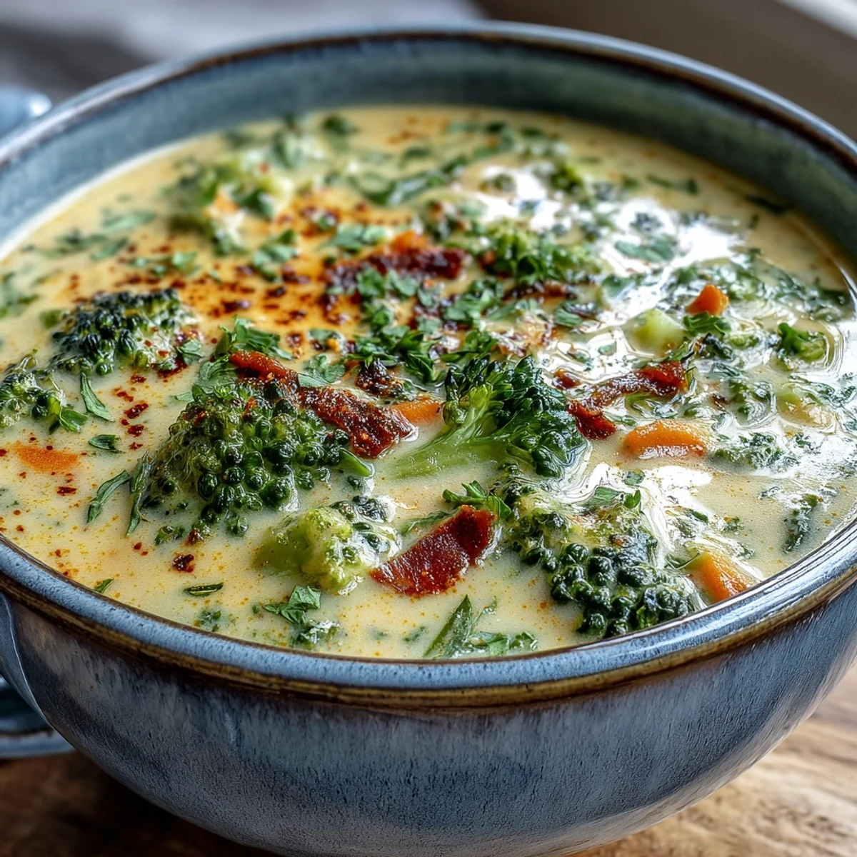 Hot, thick broccoli cheddar soup with a swirl of cream, perfect for winter.