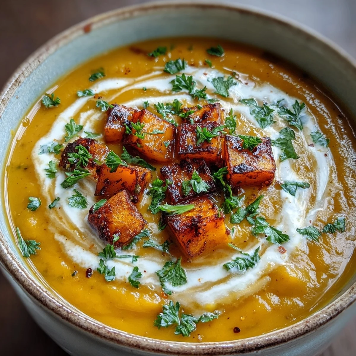 Butternut Squash and Lentil Soup image: creamy, vibrant, orange soup with garnishes.
