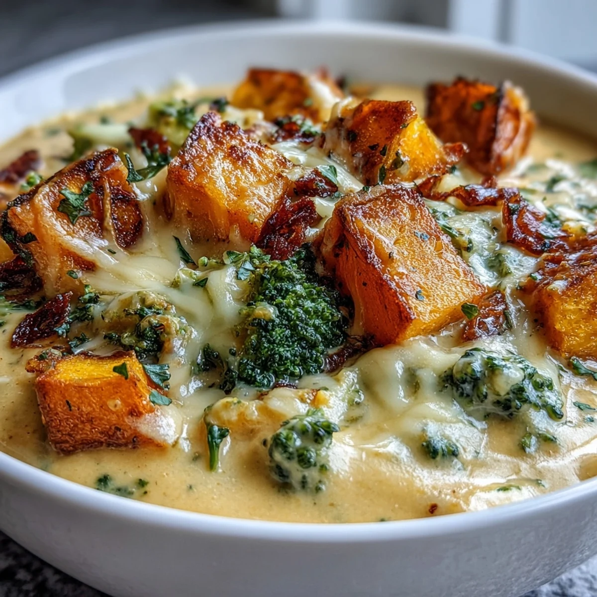 Creamy butternut squash broccoli cheddar soup garnished with fresh herbs.