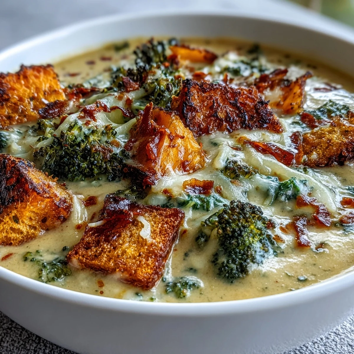 Rich butternut squash broccoli cheddar soup, bubbling hot, ready to serve.