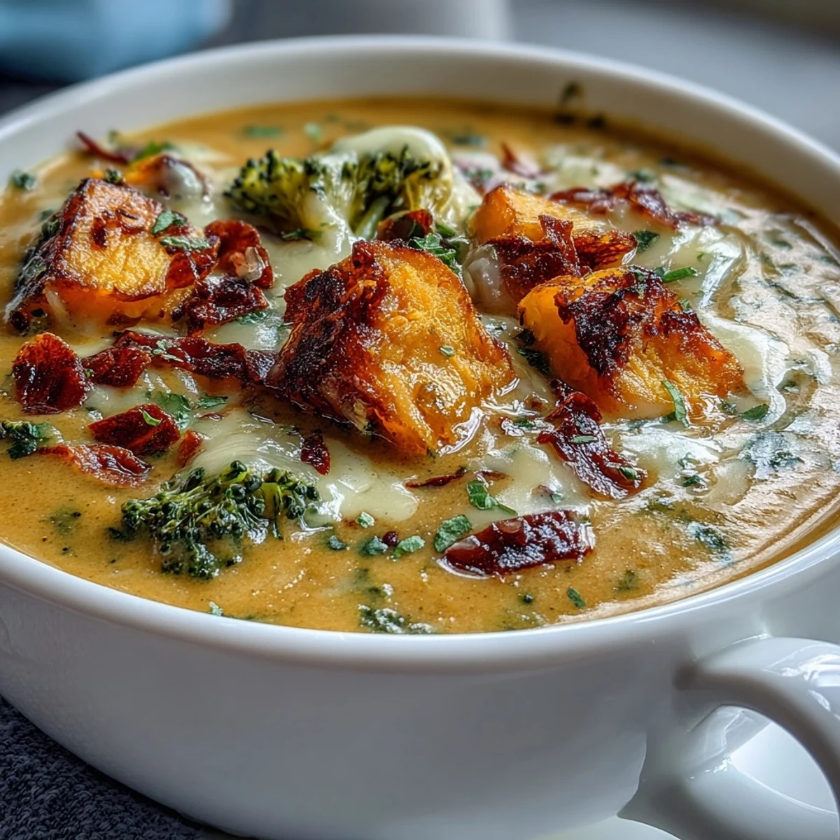 Golden butternut squash broccoli cheddar soup with melted cheese, perfectly thick.