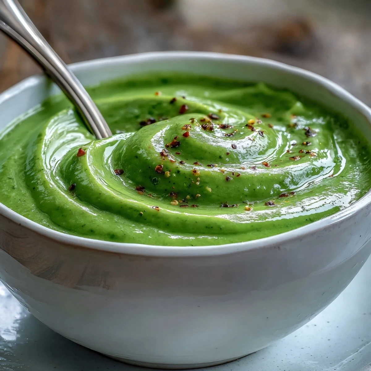 Cream of broccoli soup garnished with a swirl of cream and fresh chives.