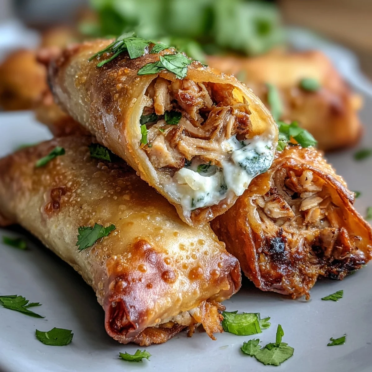 Four Mini Chicken Chimis with Jalapeño Cream Cheese are baked to crisp perfection, garnished with fresh cilantro and lime wedges.