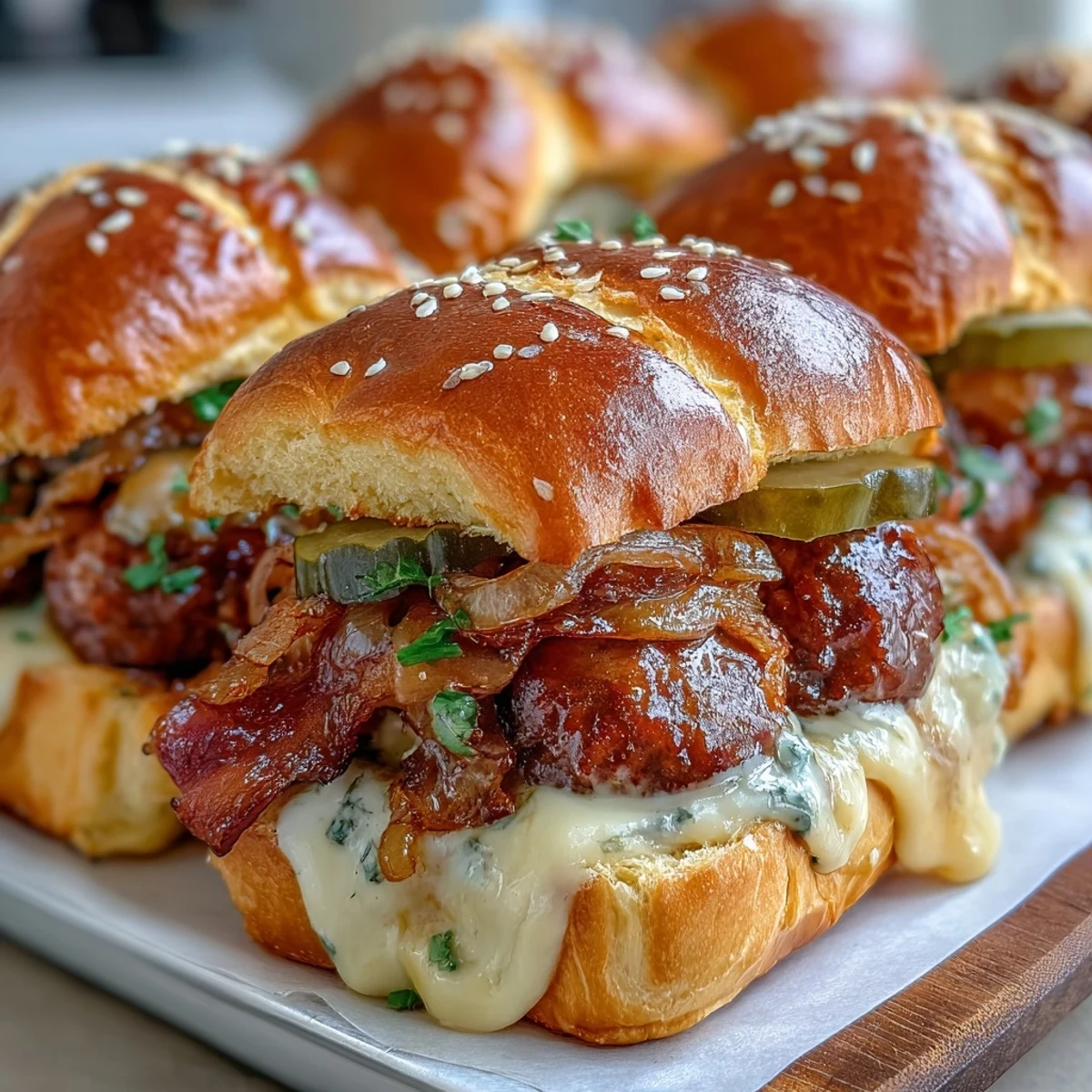 Golden brown Touchdown Brat Sliders with beer cheese sauce dripping down the side.