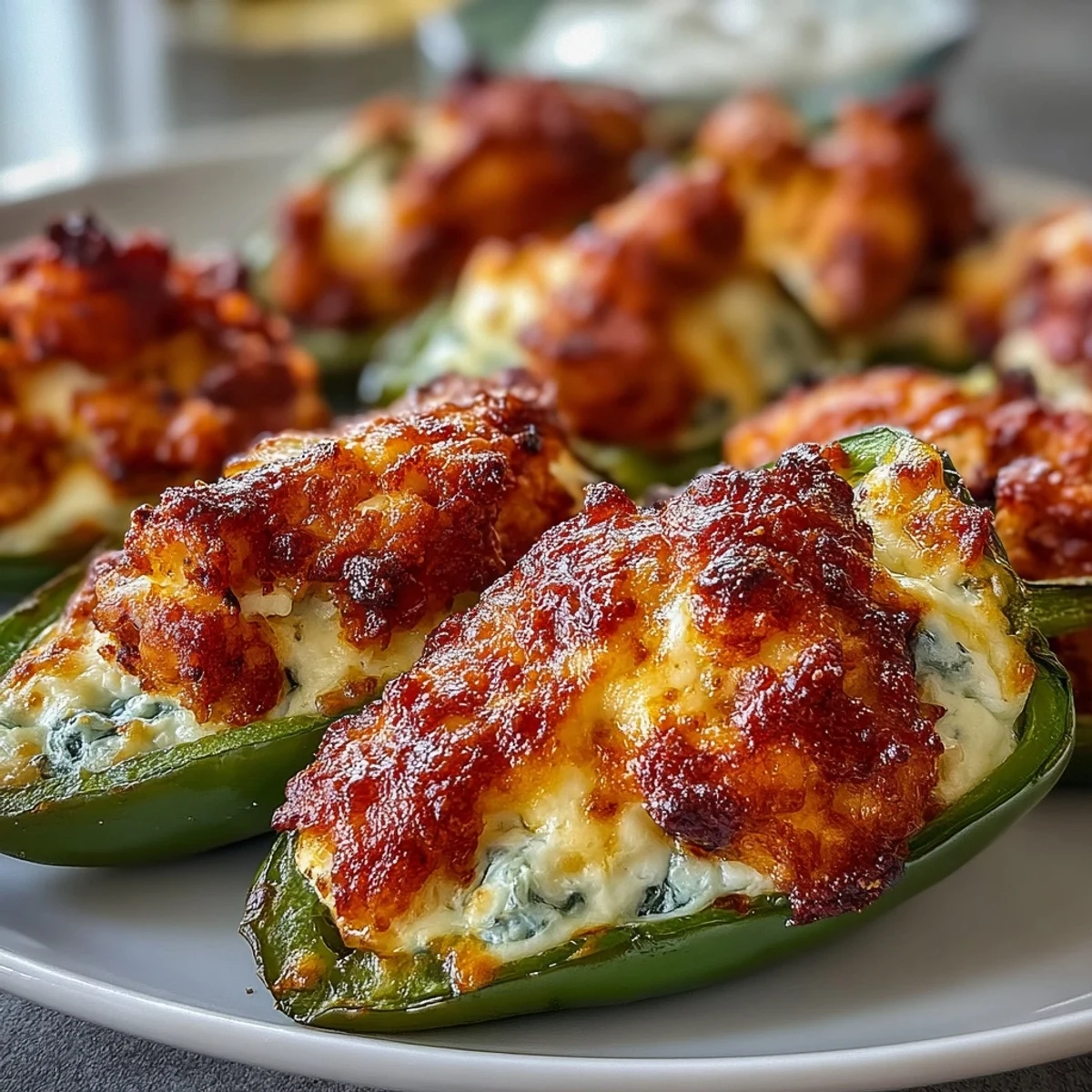 Spicy baked jalapeño halves filled with shredded chicken and creamy buffalo sauce, bubbling and garnished with fresh chives.