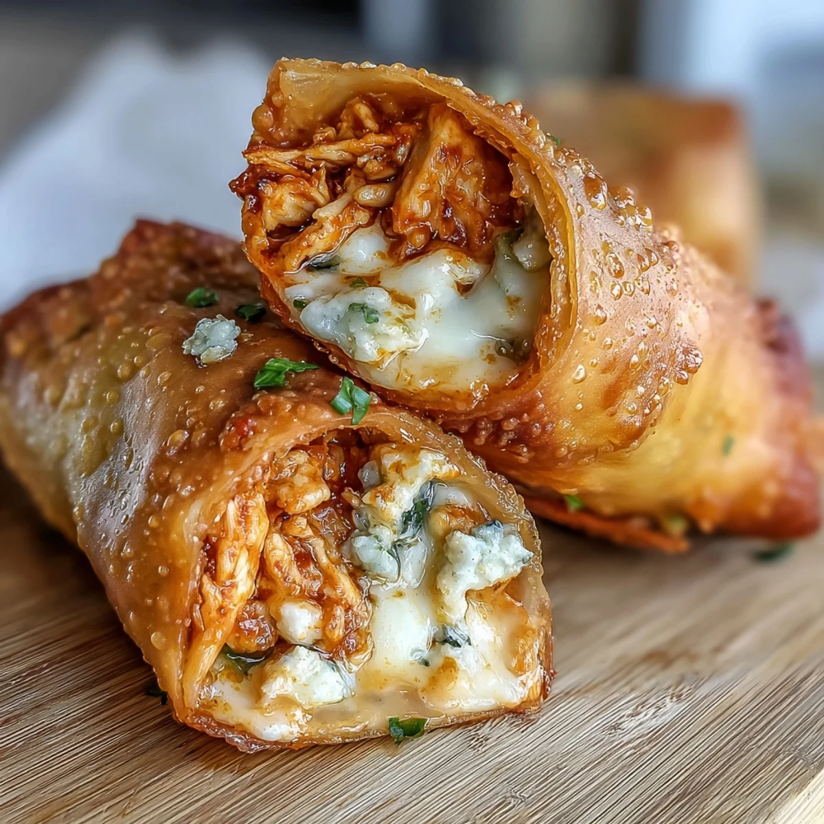 Crispy golden Buffalo Chicken Egg rolls rest on a plate with creamy dip and celery sticks.