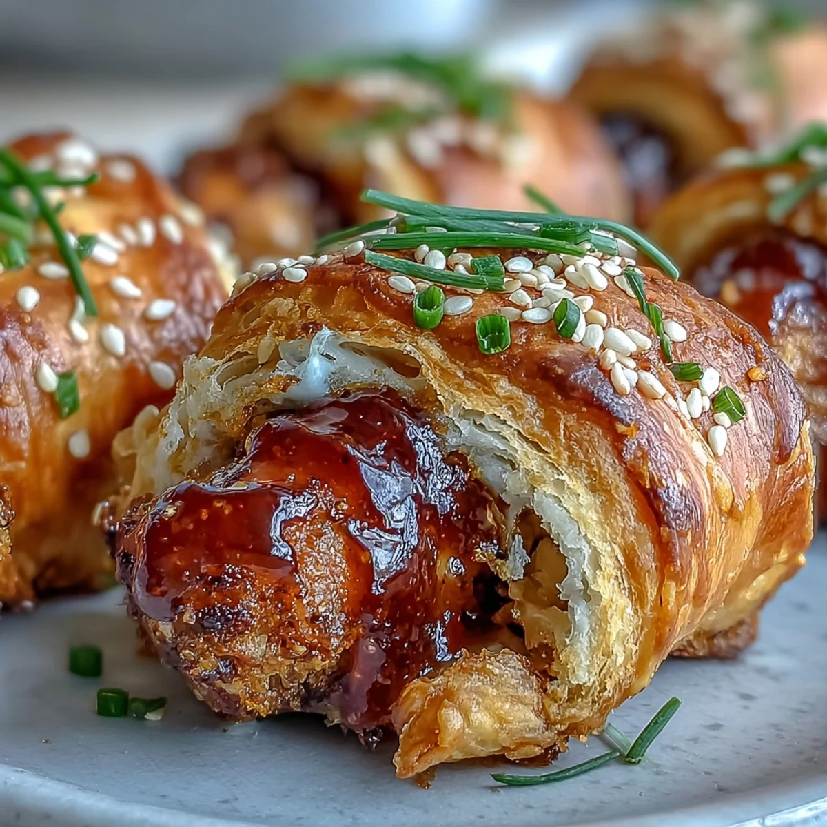 Golden brown Pepper Jelly Hogs in a Blanket fresh from the oven, glistening with sweet glaze.