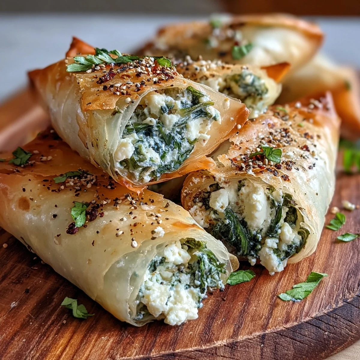 Crispy golden Spanakopita Spring Rolls resting on a plate with creamy yogurt-dill dip and fresh lemon wedges.