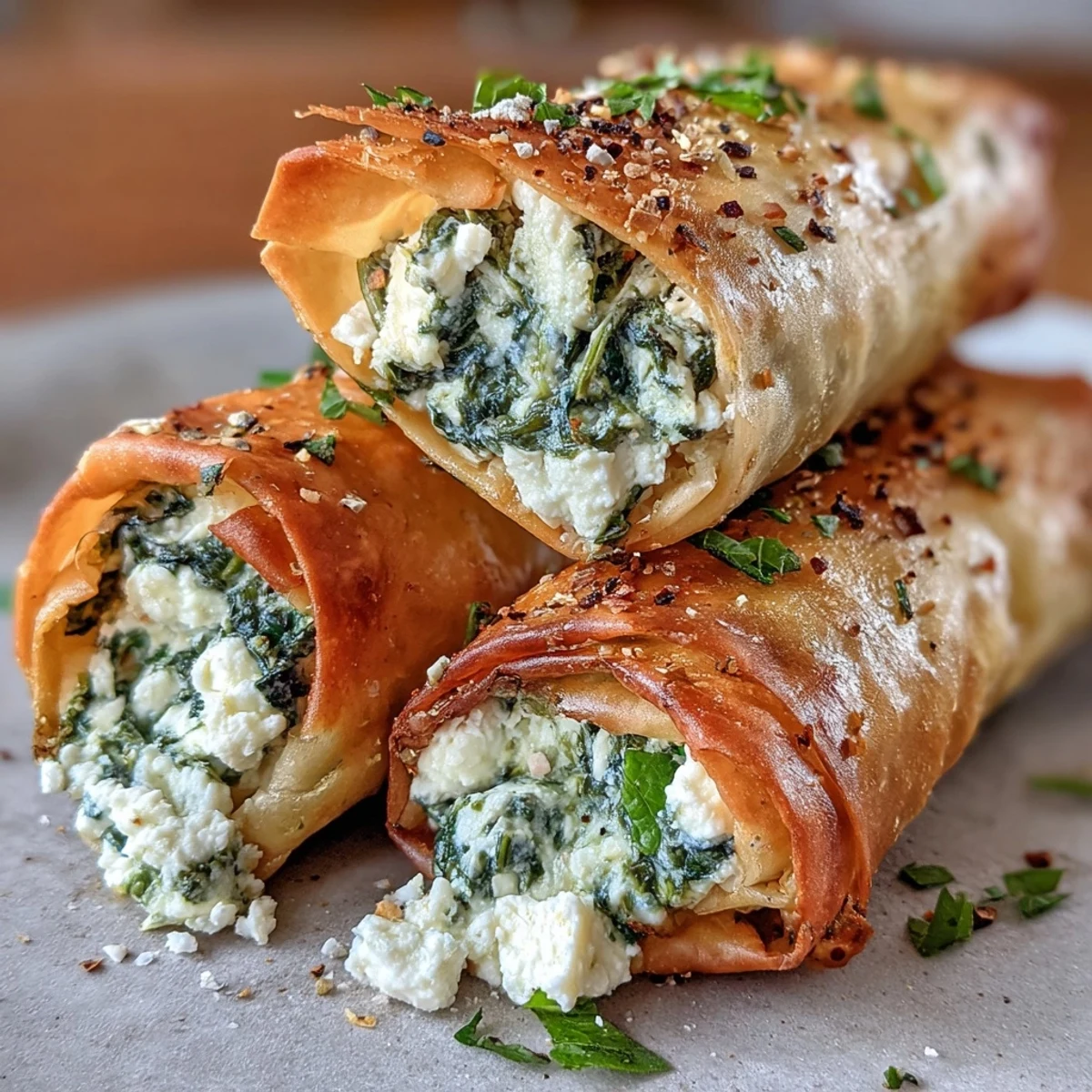 A hand holds a freshly fried Spanakopita Spring Roll revealing flaky crust and vibrant spinach feta filling inside.