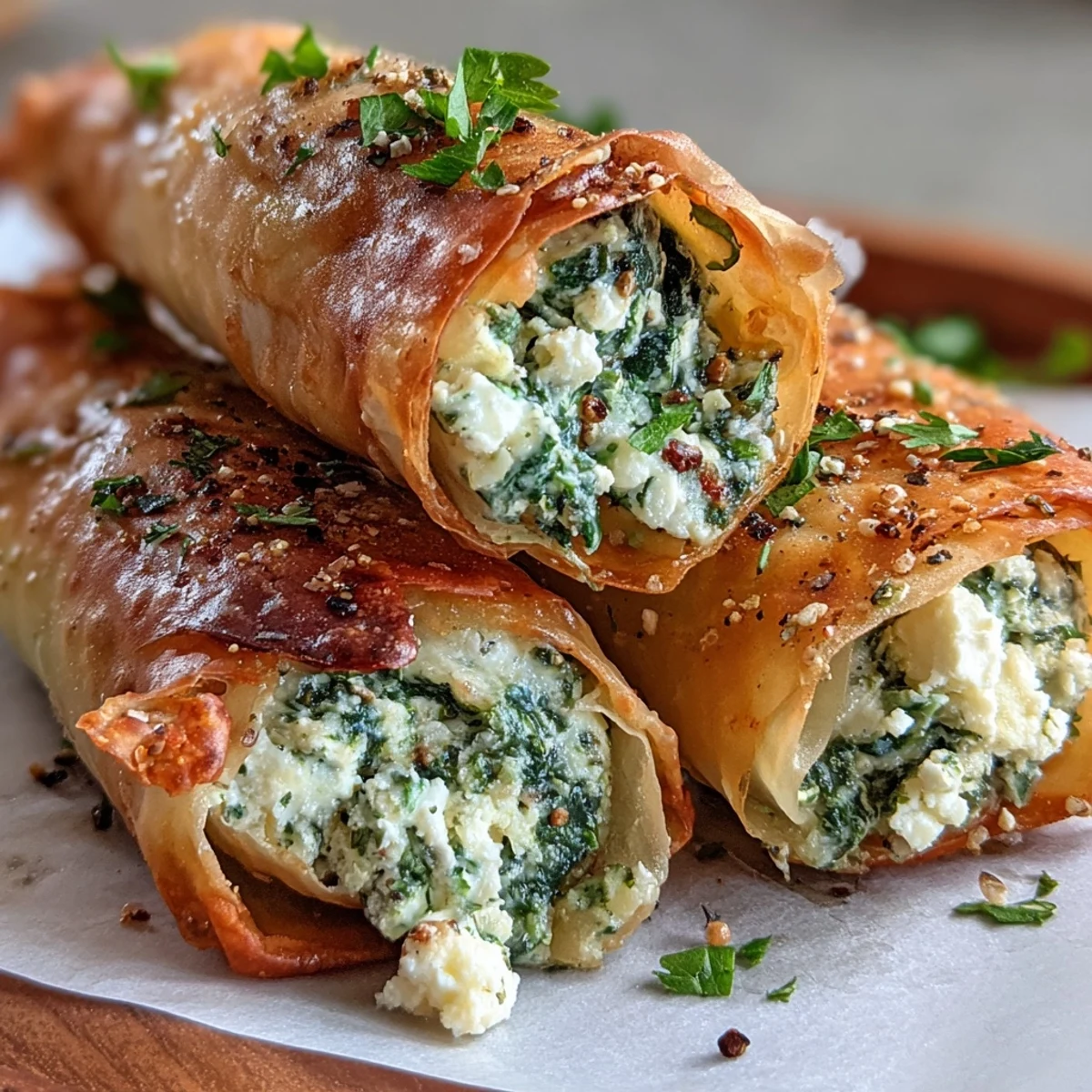 Arrangement of Spanakopita Spring Rolls with fresh dill garnish served alongside tzatziki for a Mediterranean appetizer platter.