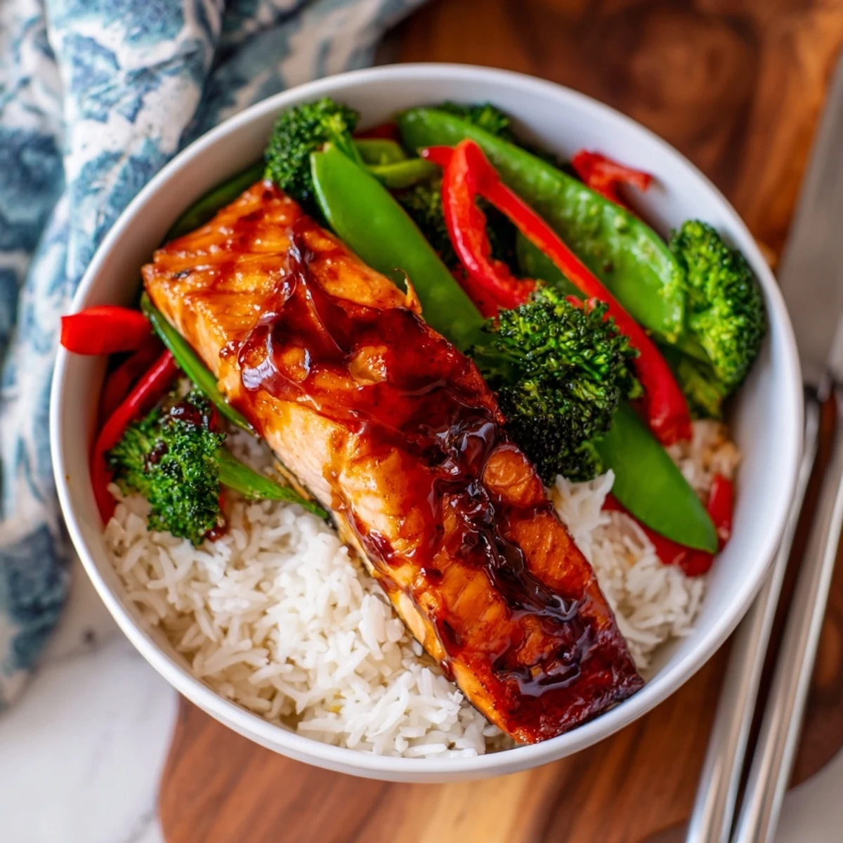 Maple Soy Glazed Salmon fillets glisten with a glossy, sweet and savory glaze, served over fluffy rice and vibrant green vegetables.  