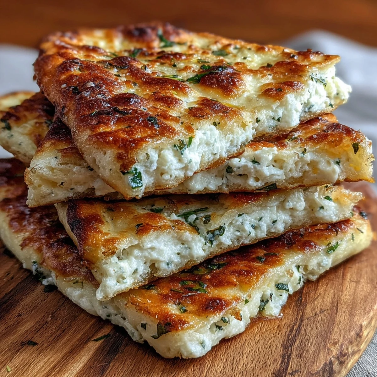 Golden-brown Fluffy Cottage Cheese Flatbread bubbling in a skillet with fresh herbs.