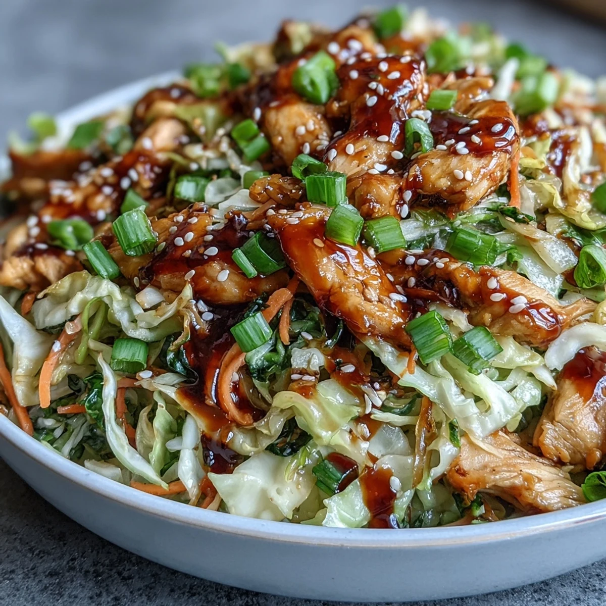 Serve these low-carb Egg Roll Bowls topped with scallions, sesame seeds, and spicy chili crisp for crunch.