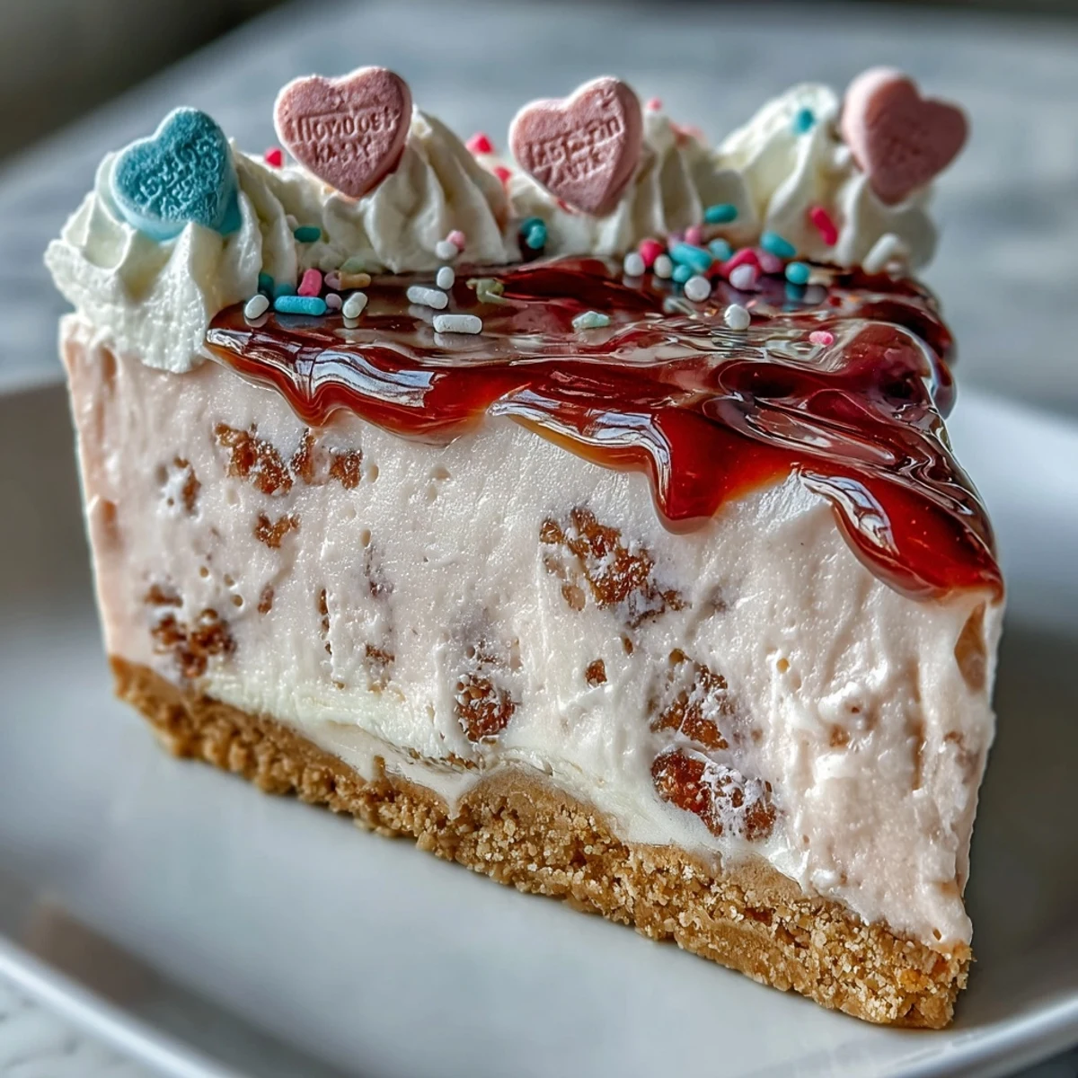 Freshly sliced Candy Hearts Fake Cake reveals a creamy no-bake cheesecake on a graham cracker crust, topped with pink frosting and colorful conversation hearts.